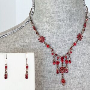 Vintage You & I Red Crystal Rhinestone Floral Bib Necklace Earring Set Signed